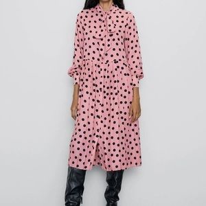 Pink Black Pleated Polka Dot Casual Maxi Dress